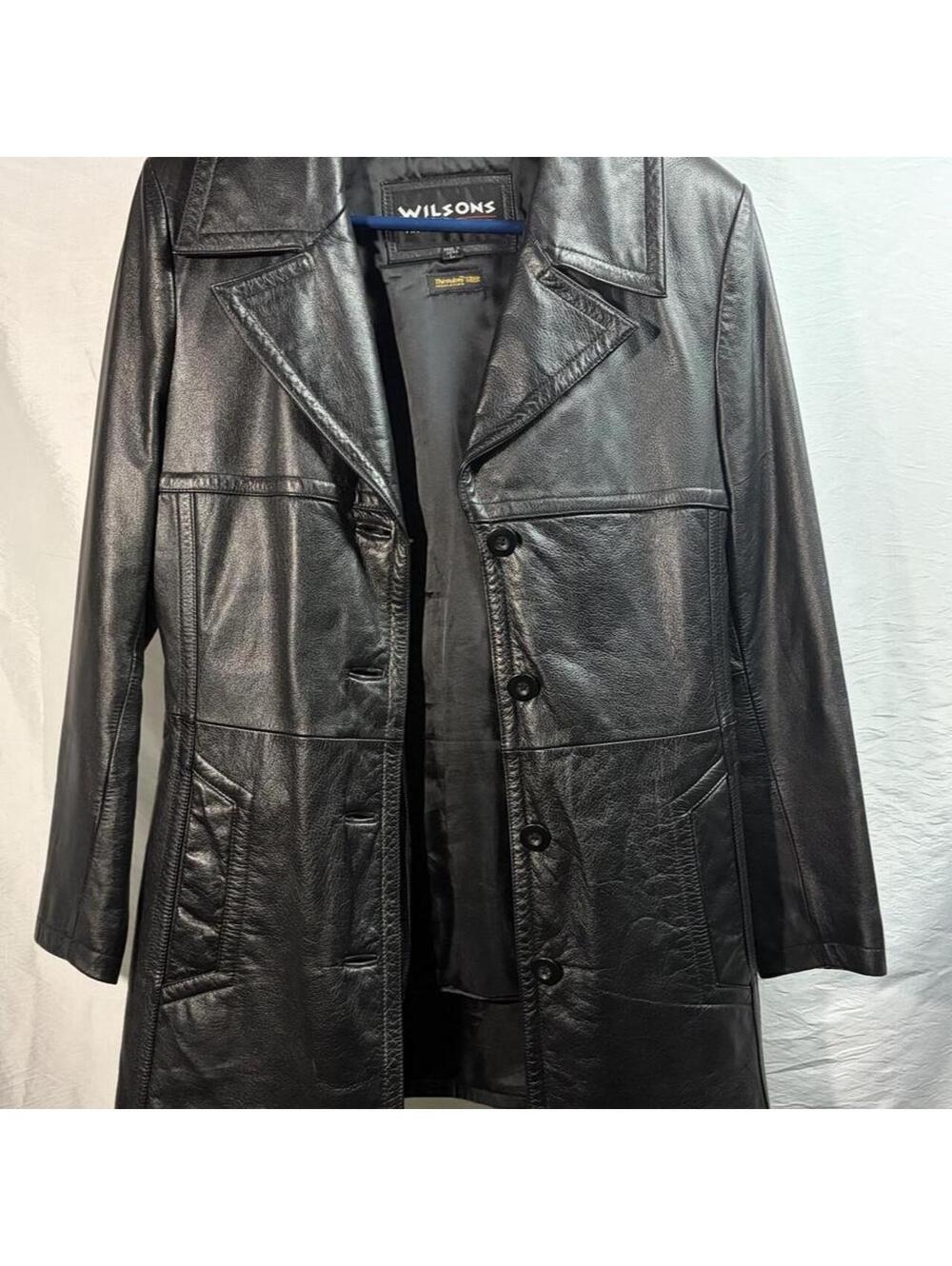 Vintage Unisex Wilson's Leather Black Leather Trench Coat.